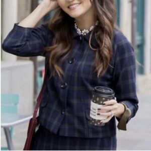 Cabi Plaid Navy Blue Jacket with Pearl Collar Size Medium